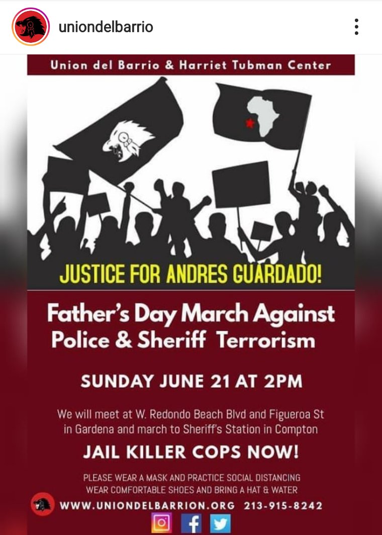 So, as I said, given LASD's history, there's ample reason to be skeptical of their claims re: Guardado. His family and  @UniondelBarrio along with the Harriet Tubman Center are organizing a protest for him tomorrow at 2pm.