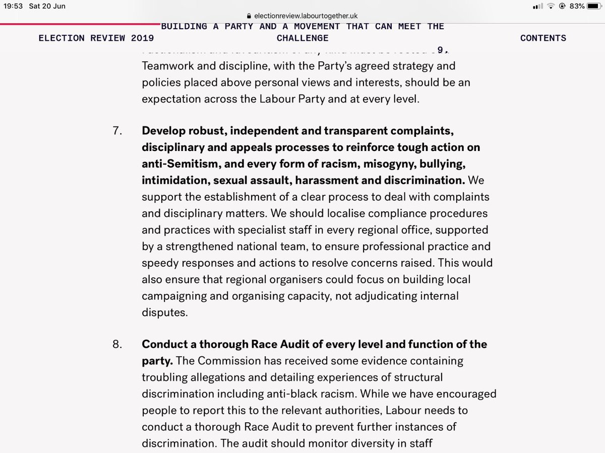 23. Two, the need to implement a truly independent complaints process which is transparent and robust & tackles bullying, racism, misogyny. Three, a race audit across the entire party due to concerns around structural discrimination.