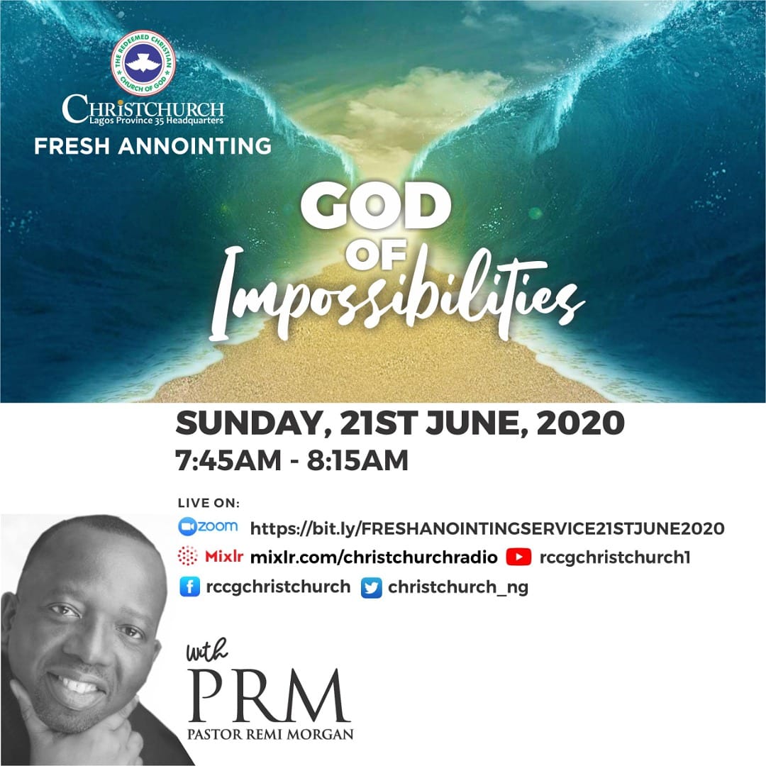 ChristChurch_NG's tweet photo. Join us tomorrow for another wonderful session with Pastor Remi Morgan.
Topic: God of Impossibilities
Time: 7:45 am
Join us via our social media platforms
YouTube
Twitter
Mixlr
Facebook
See you tomorrow
#RCCGChristchurch #rccgyp1 #GodofImpossibilities #ChristChurchCares https://t.co/jKabSwHEKi