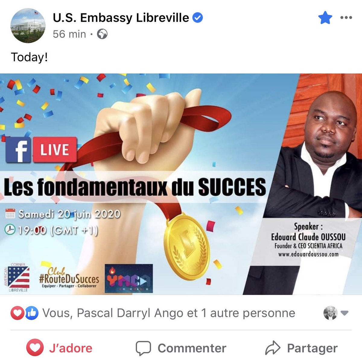 Je suis particulièrement excité par mon live de ce soir sur LES FONDAMENTAUX DU SUCCÈS. 

6 ans déjà que j’étudie le sujet et je n’ai jamais eu l’opportunité de dévoiler mes recherches au public.

Cette invitation de l’Ambassade des USA au Gabon m’a profondément touchée.