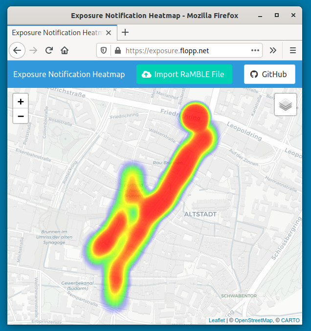 floppgc's tweet photo. Hab da mal was gebastelt (Heatmap-Generierung für "Exposure Notification Beacons" aus RaMBLE-Exports): https://t.co/JHErLLsseD

#leaflet #heatmapjs #sqljs #bulmacss #exposurenotification https://t.co/vsHFpPjCmS