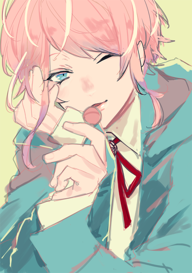 pink hair food 1boy candy male focus lollipop solo  illustration images