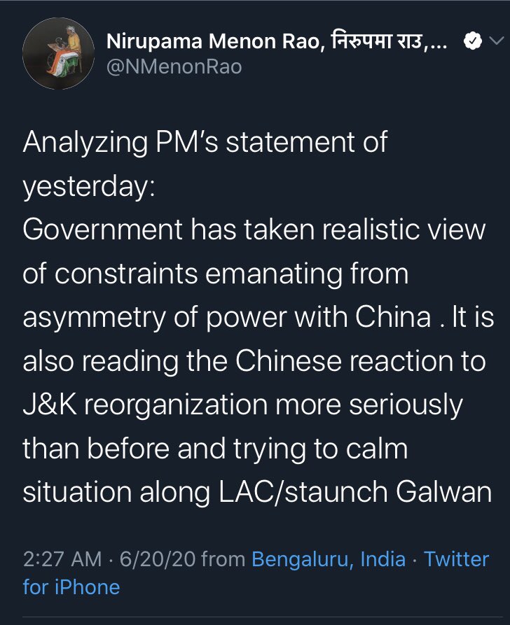 2. Building on Amb.  @NMenonRao ‘s tweets, the statement was perhaps a trial balloon aimed at gauging public reaction to a potential border settlement with China, in which India would give up its claims in the western sector (Ladakh) for China to give up claims in the east (AP) 3/