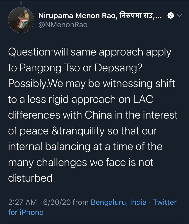 2. Building on Amb.  @NMenonRao ‘s tweets, the statement was perhaps a trial balloon aimed at gauging public reaction to a potential border settlement with China, in which India would give up its claims in the western sector (Ladakh) for China to give up claims in the east (AP) 3/