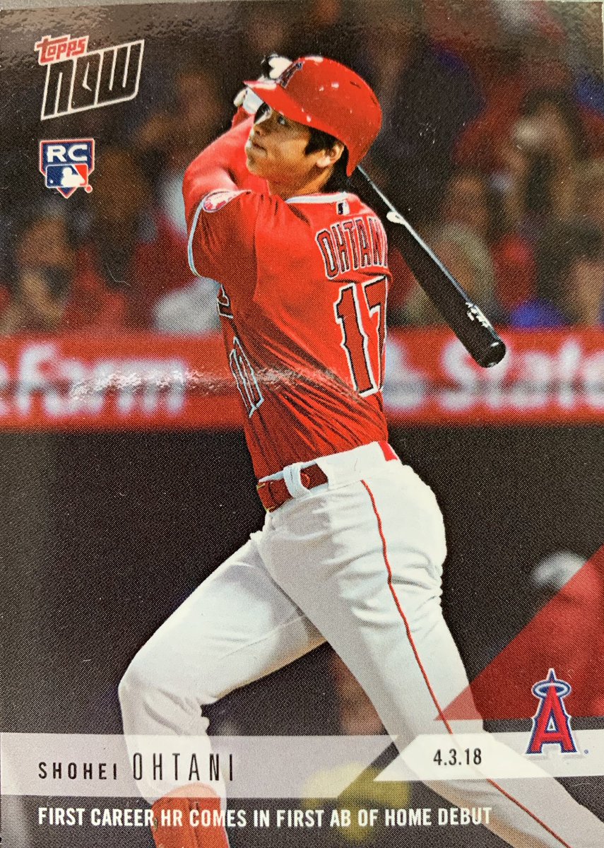 Day 91. Topps card commemorates Ohtani’s first career home run, in first at bat of home debut. 4/3/18. Fun back of the card. Great day.