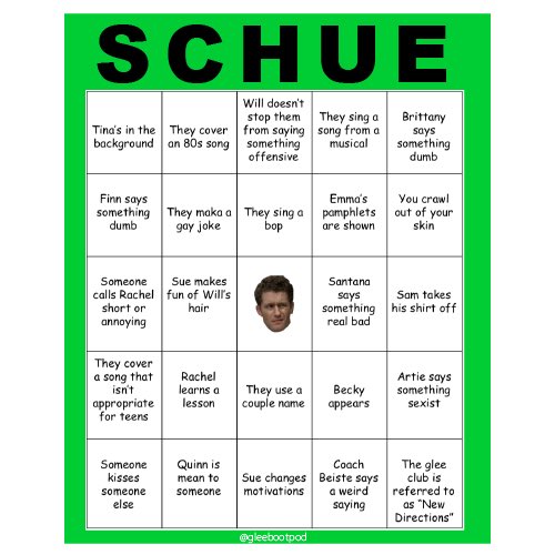 gleebootpod's tweet photo. Play GLINGO along with your favorite Glee Critics and spot the hilarious and uncomfy tropes that appear in (almost) every episode of Glee! This board is for S2 episodes 7 - 14. Tag us in your results for this week's episode, "The Substitute," OUT TOMORROW! 
#glee #gleerewatch https://t.co/YyI11xktSK