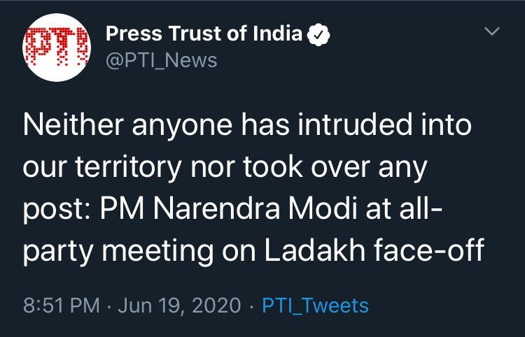 ShaikAz95694560's tweet photo. This is why we need an educated Leader for our great Nation
@PMOIndia Must apologize to the country for this irresponsible statement
See the consequences.
#ModiSurrendersToChina #ModiBetrayedArmy #IndiaChinaFaceOff #IndianArmy #IStandWithIndianArmy #GalwanValleyMartyr #Salamarmy https://t.co/0lP8xIONJA