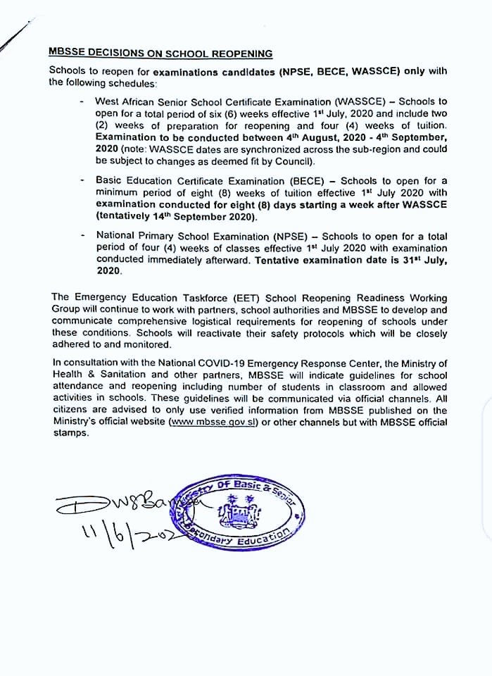School reopening advisory for NPSE ,BECE ,and WASSCE candidate. <a href="/MOBSSE_SL/">Ministry of Basic & Senior Secondary Education SL</a> <a href="/dsengeh/">David Moinina Sengeh</a>