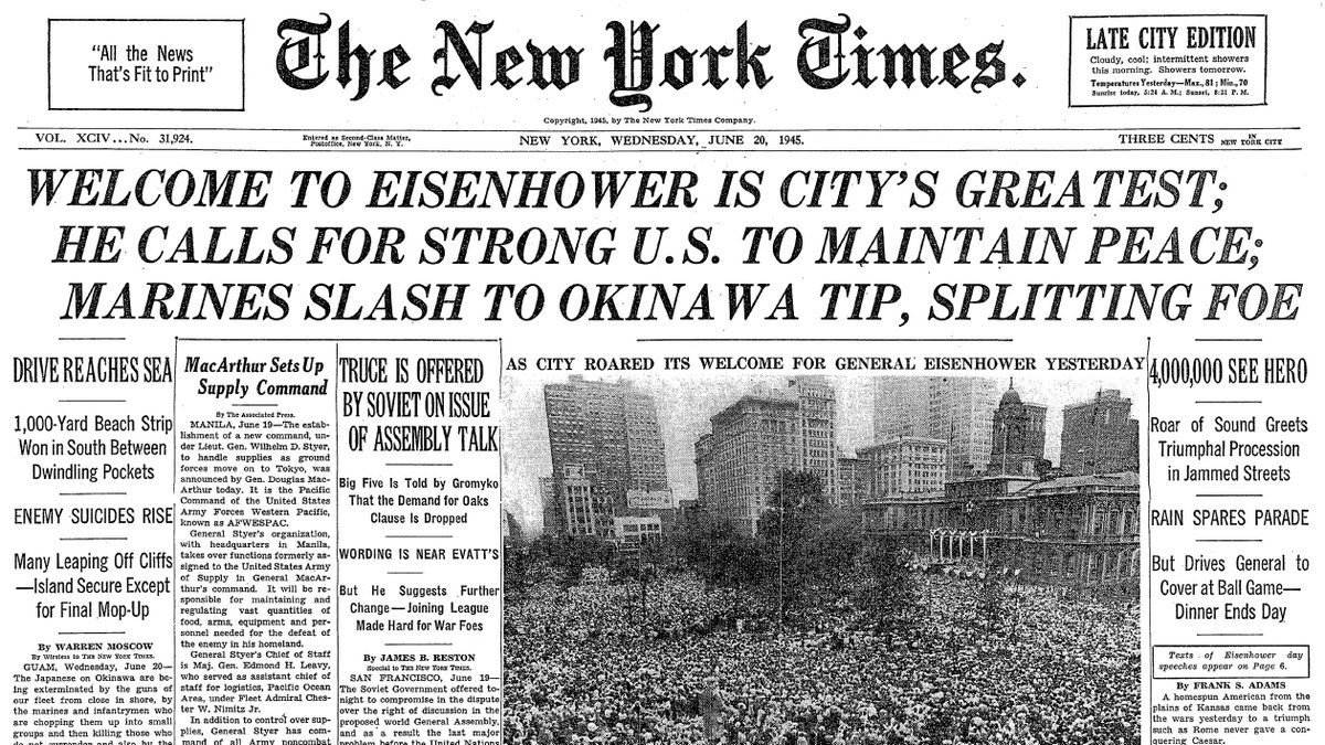 June 20, 1945: Welcome to Eisenhower is City's Greatest; He Calls for Strong U.S. to Maintain Peace; Marines Slash to Okinawa Tip, Splitting Foe  https://nyti.ms/2YT8rSf 