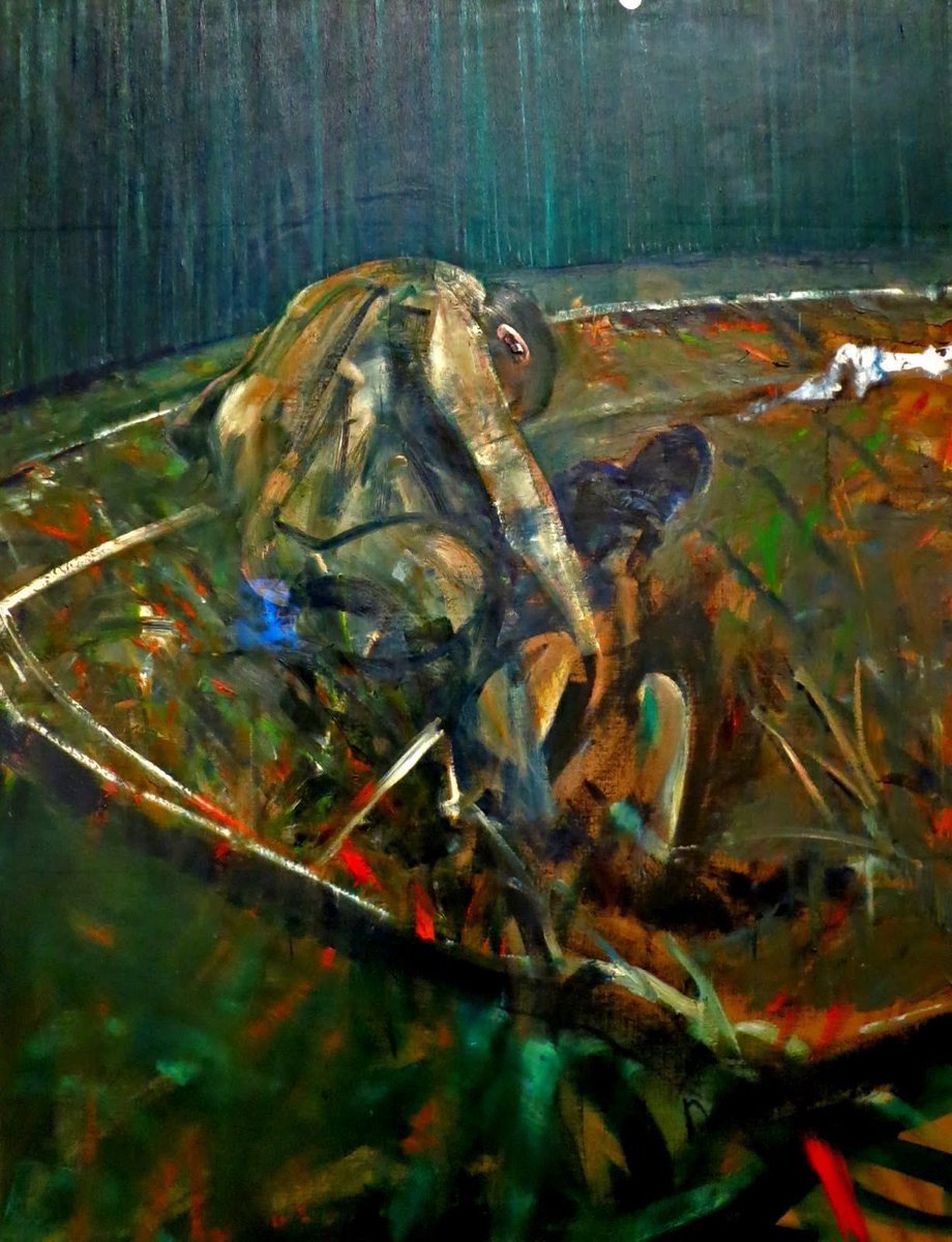 Study for Portrait II (William Blake Death Mask) 1955, Man Drinking (1955), Figures in a Landscape (1956) & Self-Portrait (1956). These are cowering, struggling & disintegrating forms. Uncomfortable to look at but profound in their impact