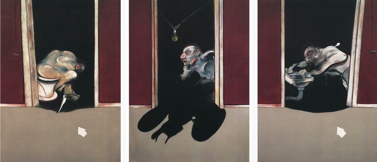 One of Bacon’s greatest triumphs, was his retrospective in Paris (1971). It was however overshadowed by the suicide of Dyer. His death & Bacon’s grief would figure large in the painter’s work including the Black Triptychs. Triptych of Dyer (1972)