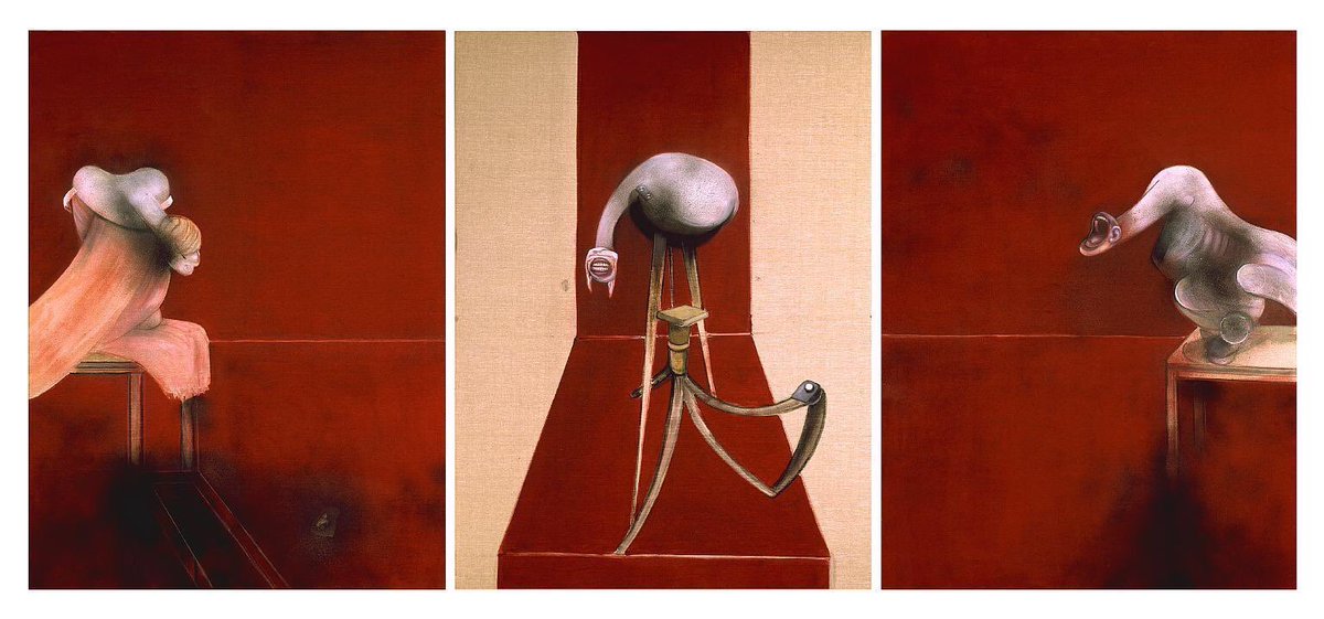 Bacon’s genius was to evolve his vision whilst continuing to integrate past work. Jet of Water (1988), Seated Figure (1989), Jacques Dupin (1990) & Second Version of Triptych 1944 (1988)