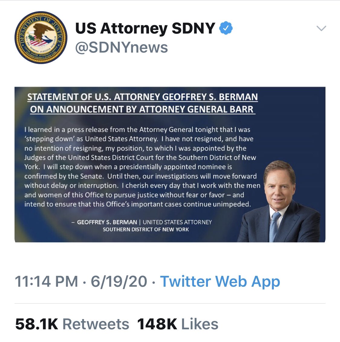 4484   https://twitter.com/TheJusticeDept/status/127414876476945203  https://twitter.com/SDNYnews/status/1274178732476059650THE GUARD REFUSING TO STEP DOWN?POTUS refusal to formally nominate? APPOINTED TO POST BY SDNY JUDGES [unusual][removal of 'acting']?The stakes are high.They will fight.Super bowl > puppy showQ