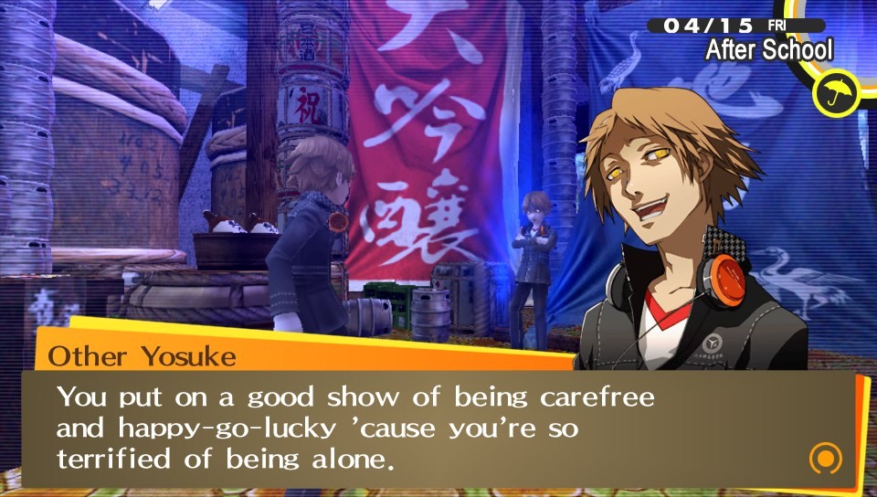 small brain: i hate yosuke he's mean and homophobicbig brain: yosuke's entire character is about how insecure he is; he's afraid of rejection and alienation from the people he loves and there is plenty of subtext that suggests that he's projecting his insecurities onto kanji–