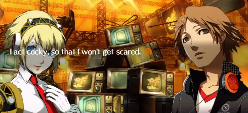 small brain: i hate yosuke he's mean and homophobicbig brain: yosuke's entire character is about how insecure he is; he's afraid of rejection and alienation from the people he loves and there is plenty of subtext that suggests that he's projecting his insecurities onto kanji–