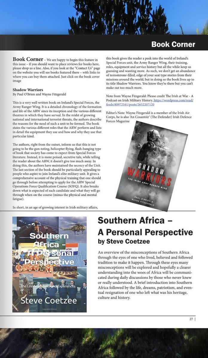 kforfitz_Wayne's tweet image. I’d like to bring a great magazine to your attention #SAFFER Worldwide for South Africans around the globe. This issue features a book review of #ShadowWarriors &amp;amp; there’s article on the #IrishArmy #RangerWing #ARW - please feel free to submit a poem/article to @SafferWorldwide