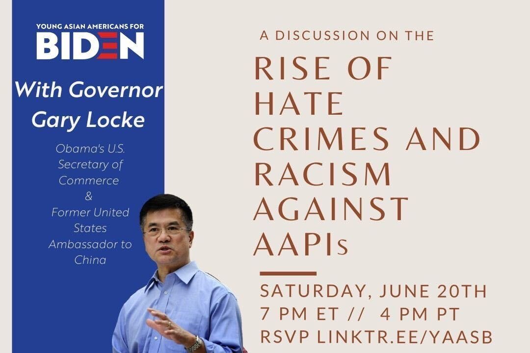 Join our <a href="/yaasbiden/">Young Asian Americans for Biden</a> with <a href="/GovGaryLocke/">GovGaryLocke</a> as we discuss xenophobia against the AAPI community tonight at 7:00 PM ET/ 4:00 PM PT. Please RSVP here: zoom.us/webinar/regist…