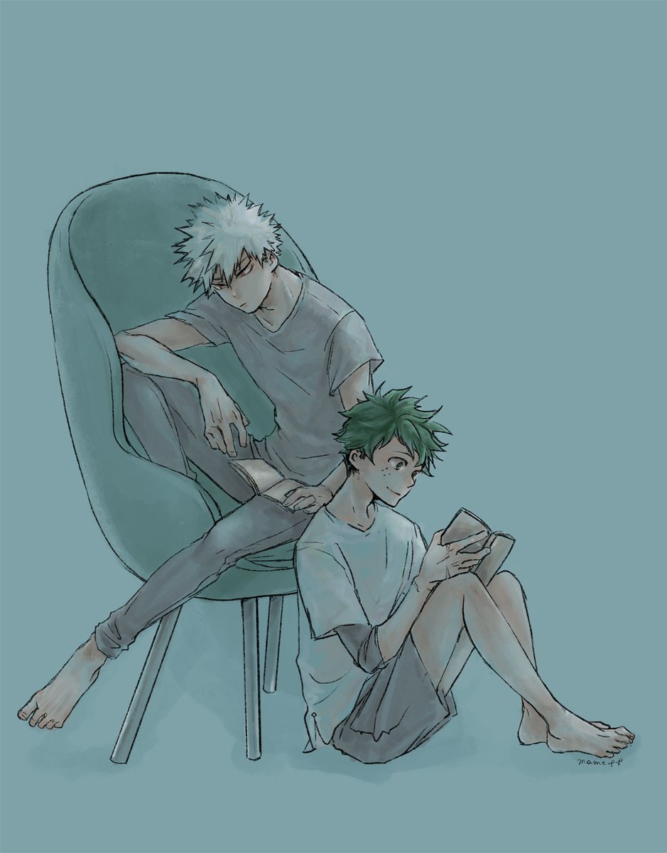 bakugou katsuki ,midoriya izuku multiple boys 2boys male focus sitting freckles green hair shirt  illustration images