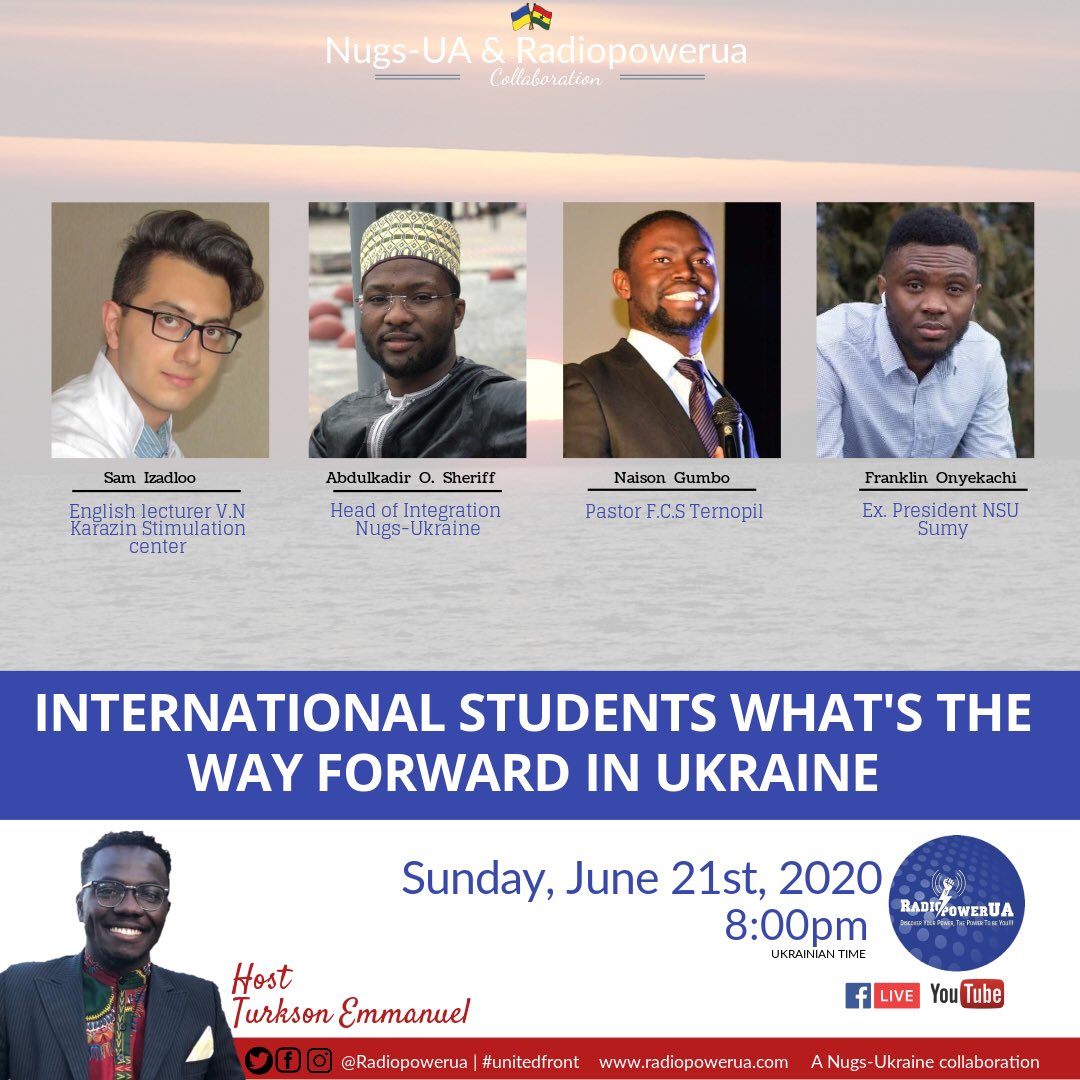 NUGS - Ukraine in collaboration with RadiopowerUA; radiopowerua.com brings to you the 2nd edition of “International students; What’s the way forward in Ukraine”... see details on the flyer below 
#internationalstudentsinukraine
#radiopowerua
#nugsukraine