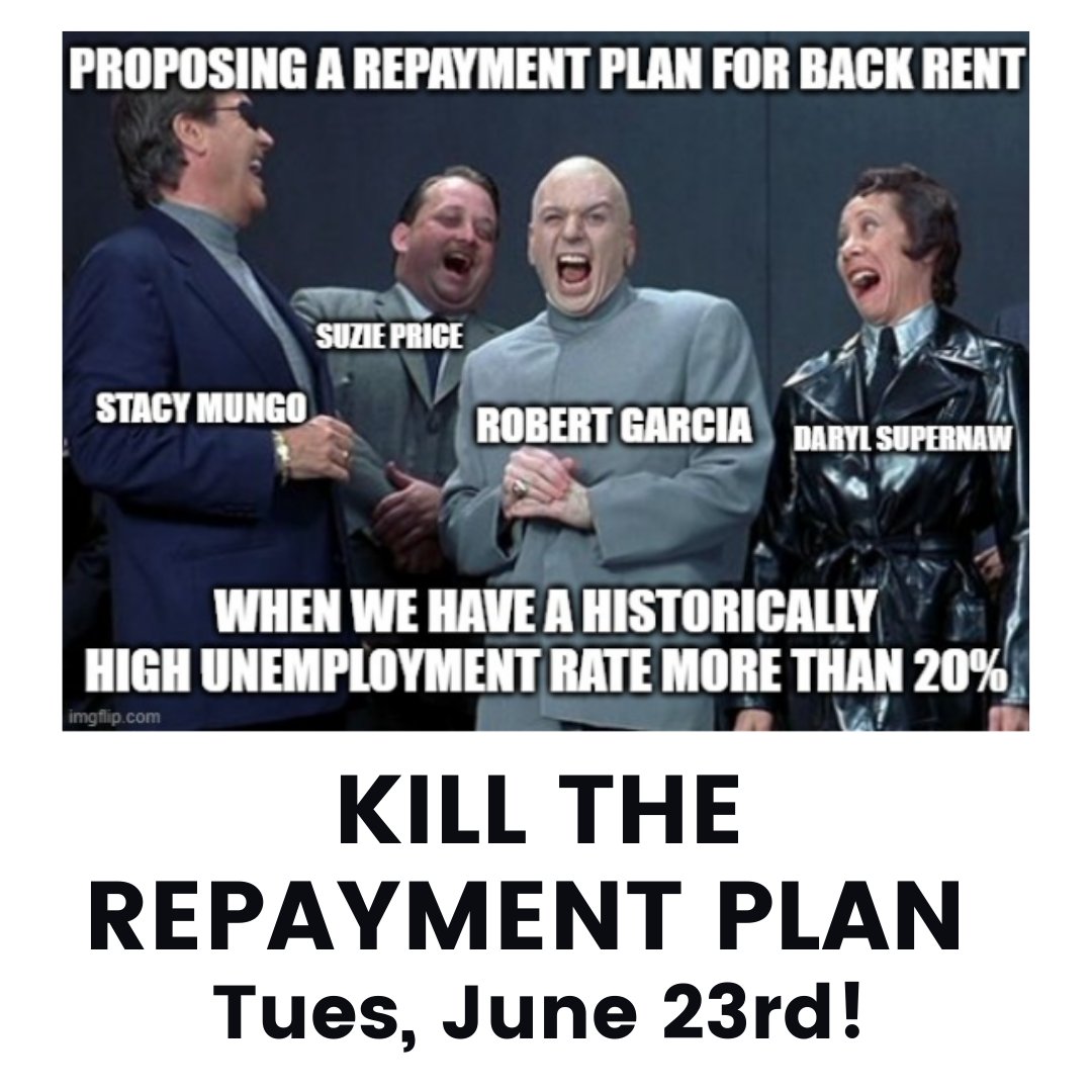 EYCEJ's tweet photo. Dr. Evil and his minions once again finding another way to take more money from the poor and pay the rich. #canceltherent #housingisahumanright #thisislb https://t.co/8rm0WLaYF8
