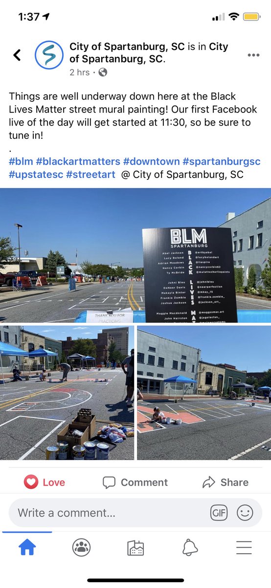 MrAveryBrown's tweet photo. Shout out to @SpartanburgCity for bringing this Black Lives Matter mural, to the city. It speaks volumes, for sure! Shout out to every artist that’s creating this mural, too- @RodericeCardell , and many others! - #UpstateSouthCarolina - #BlackLivesMatter - ✊🏿🎨🤎 https://t.co/EGk4RhDSAu