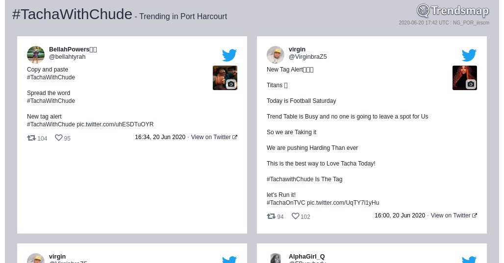TMPortHarcourt's tweet photo. #tachawithchude is now trending in #PortHarcourt

https://t.co/W10Zo6KrQe https://t.co/4zNB02CyPD