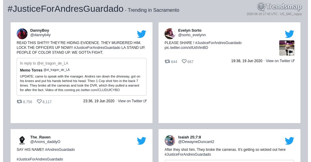 TrendsSacto's tweet photo. #justiceforandresguardado is now trending in #Sacramento

https://t.co/Cqdf1nFpTh https://t.co/rtDIDzYdva
