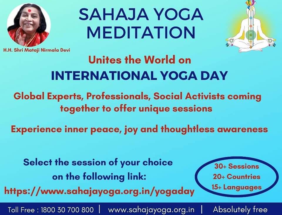 GAURAVSRI009's tweet photo. We invite everyone for ''Yoga from Home'' YFH on International Yoga Day. 21st June 2020, Sunrise to sunrise. Sahaja Yoga Global Family celebrates 24 hrs of Yoga Sessions at https://t.co/XONjfigAK9 Please do join &amp; experience your self realisation, a state of Thoughtless Awareness https://t.co/sXogWI5U9N