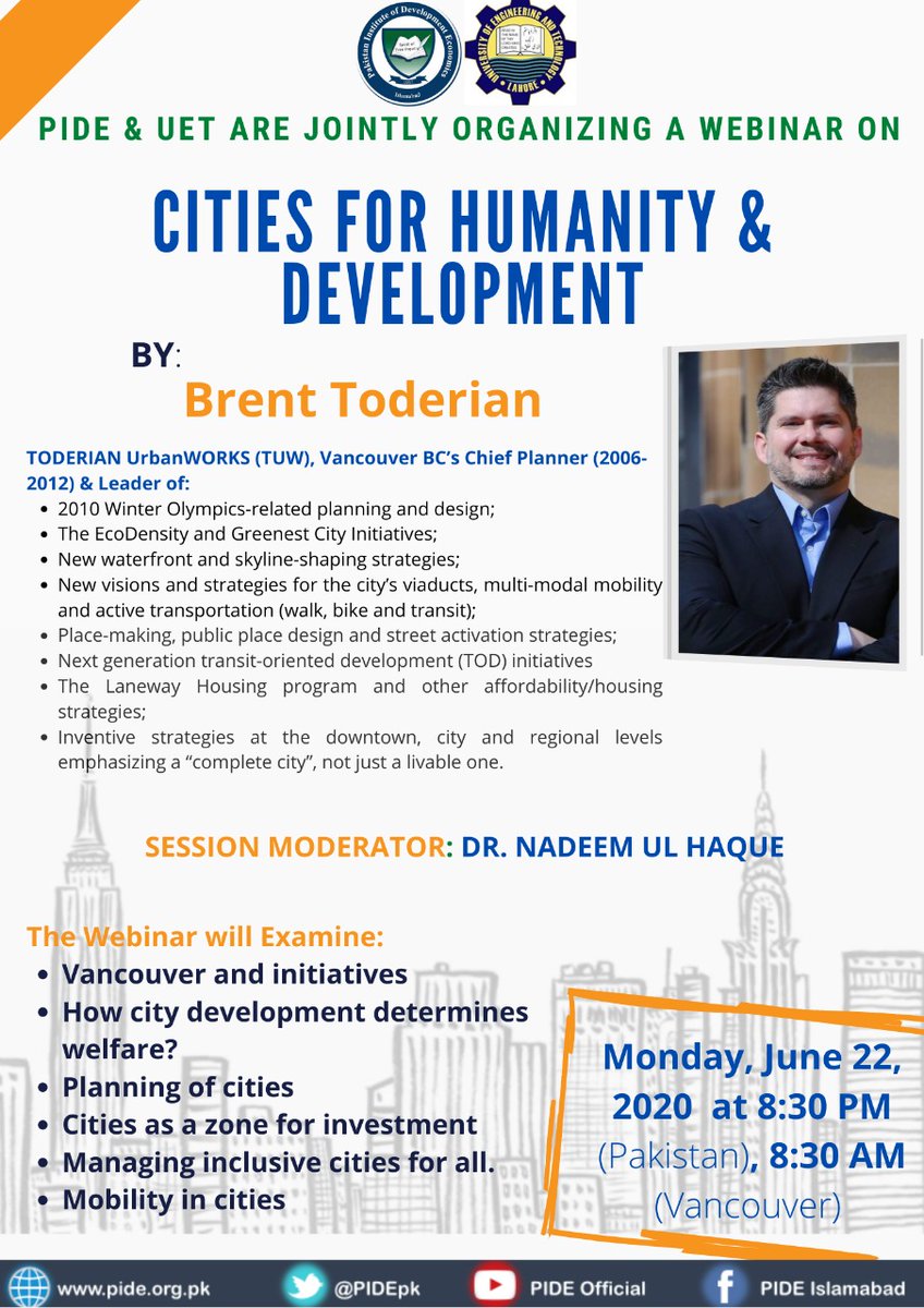 PIDEpk's tweet photo. @PIDEpk and @UET_official are organizing a webinar on "Cities for Humanity & Development"
By @BrentToderian
On Monday at 8:30 PM (PST)
To participate register via 👇🏻
https://t.co/LZFDepPeXX
#PIDEIdeas #citiesanddevelopment
#policy_pide
@nadeemhaque @durre_nayab_ @Asad_Umar https://t.co/l9lg6ljUEO