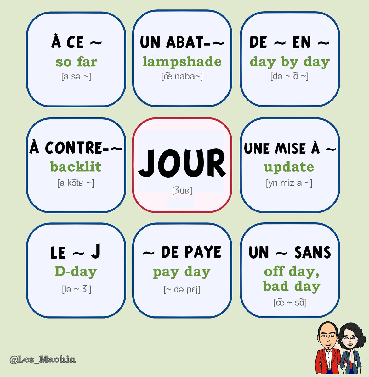 Les_Machin's tweet photo. Voici quelques expressions avec le mot "jour".  
Try to make a sentence using one of them. 
😀✏️
#Expressionoftheday 
#lesmachin #ClasseFLE 
#FLE #learnfrench https://t.co/M3NBgv899s