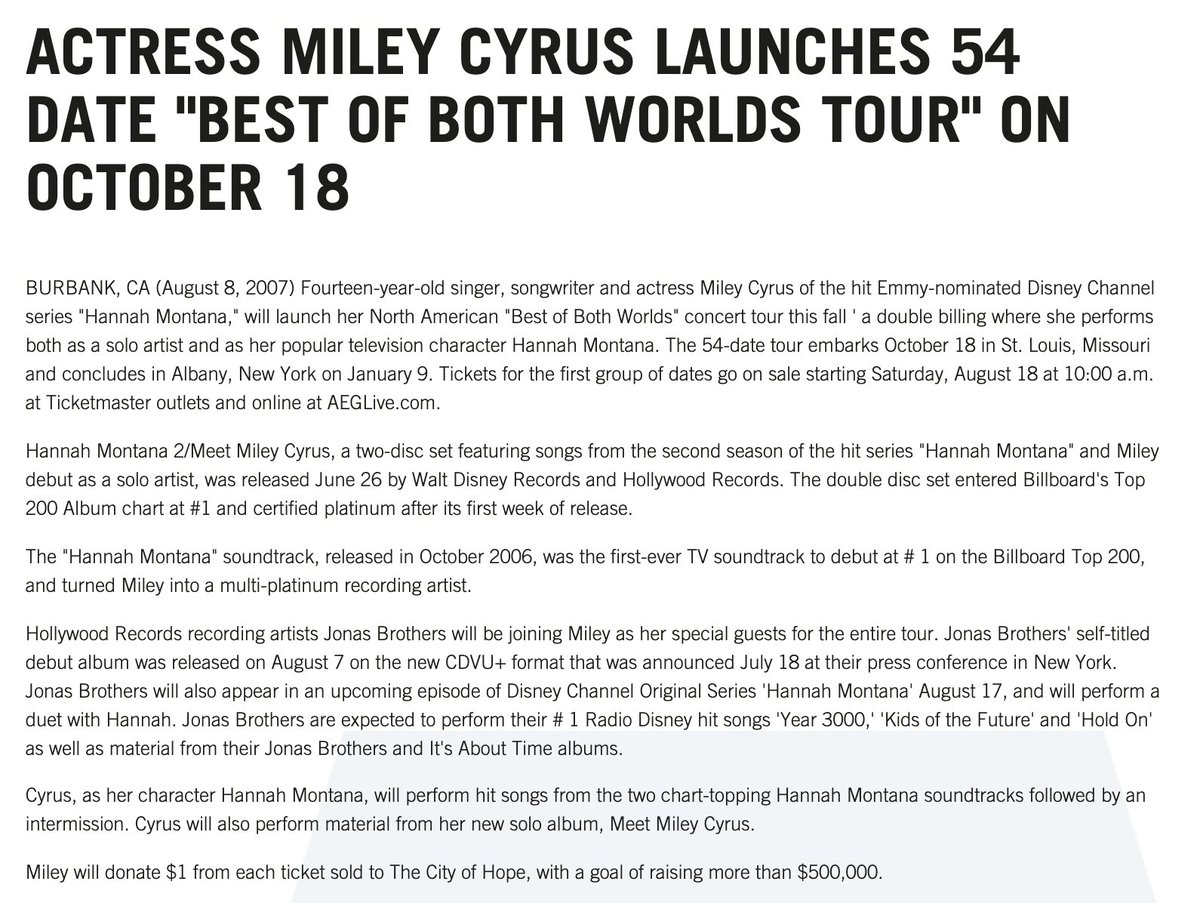October 2007 - January 2008: Miley Cyrus and the Jonas Brothers toured North America together on the “Best of Both Worlds Tour” - highlights below!