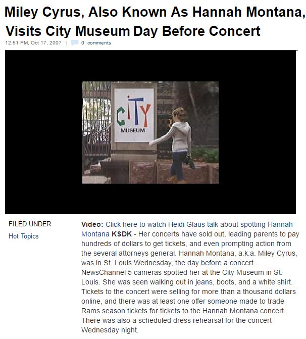 October 17, 2007: Nick and Miley went on their famous “rain date” at City Museum in St. Louis, the day before the opening show of the Best of Both Worlds Tour.