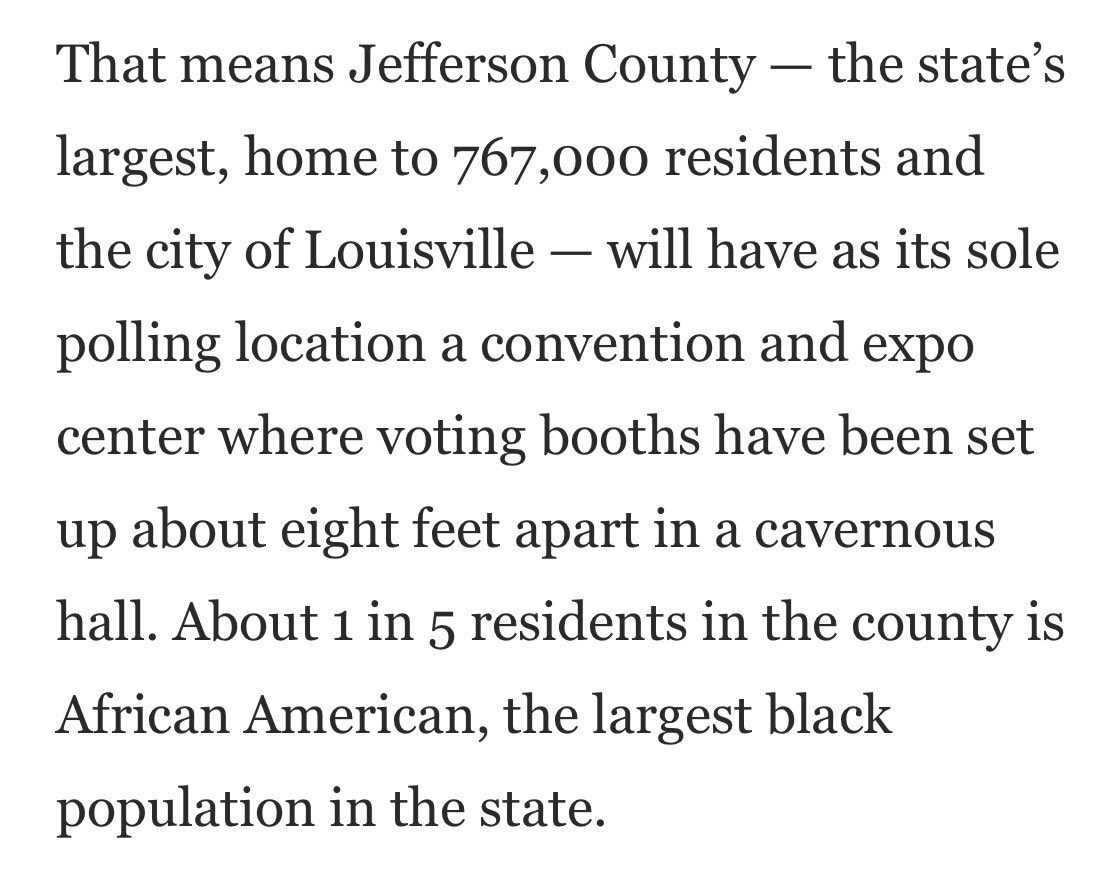 Malty___'s tweet photo. This is disgusting. This is blatant voter suppression. One polling location for nearly 700,000 people. One. Yes one. For all of Louisville. Coincidentally the largest black population in the state. https://t.co/tkKkP5B8J7