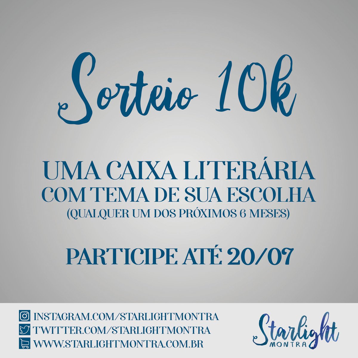 #SORTEIO em comemoração aos 10k que batemos no Instagram, onde nascemos! 🖤

A pessoa que ganhar, vai poder escolher qualquer uma das nossas próximas caixas.

Passos:
- Nos siga aqui;
- Nos siga no instagram (instagram.com/starlightmontra) e comente aqui com o print;
- Dê RT aqui.

🍀