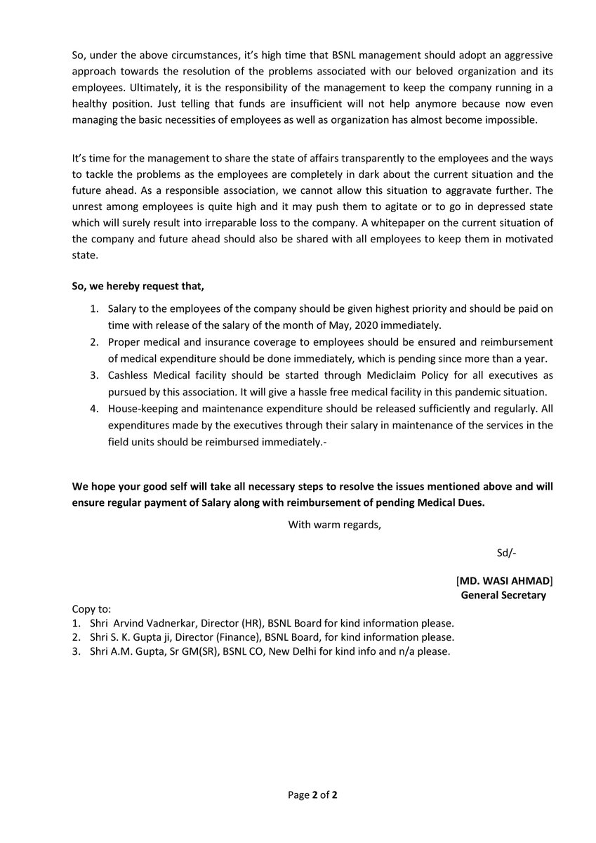 aigetoachq's tweet photo. @aigetoachq   writes to @BSNLCorporate  with regard to Salary, Clearance of Medical Dues, and Start of Mediclaim Policy for Executives, Regular and sufficient payment in Maintenance Head for services.
@BsnlCmd https://t.co/OchYUc6DPM