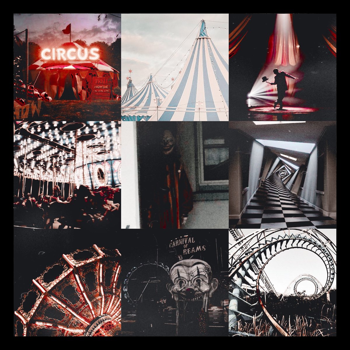 — 𝙘𝙖𝙧𝙣𝙞𝙫𝙖𝙡 - tributes are sent in wearing acrobatic costumes, but with ballet slippers correlating with their district.- cornucopia is inside of a circus tent.- threats: clowns, roller coaster carts moving if you chose to sleep in one, animatronics.