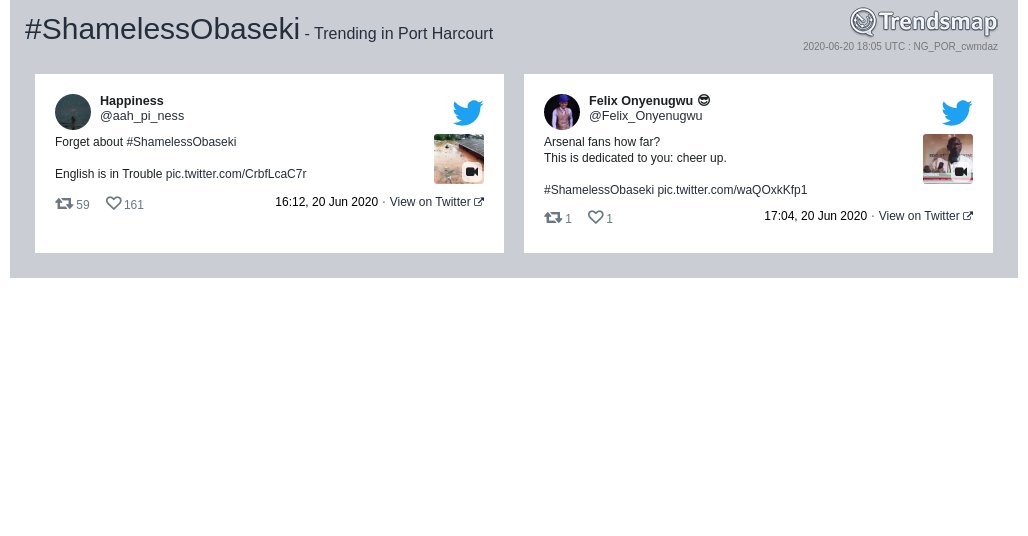 TMPortHarcourt's tweet photo. #shamelessobaseki is now trending in #PortHarcourt

https://t.co/EyJfnBOxv9 https://t.co/T13pRqilQx