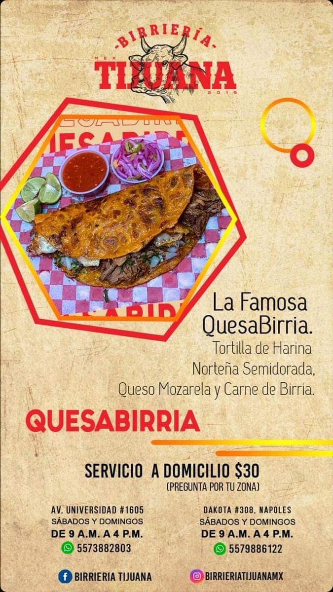 Ricardosserna's tweet photo. Se te antojan unos tacos de birria? #BirrieriaTijuanamx 

Tenemos servicio a domicilio o puedes encontrarnos en Didi Food

#TacosChingones #CDMX https://t.co/2l5AKlQAMI
