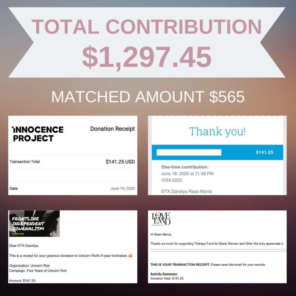 After a week-long fundraiser with DTX Dandiya, we are proud to announce that we were able to successfully match $565 dollars towards the Black Lives Matter movement! Thank you for your generosity and support!