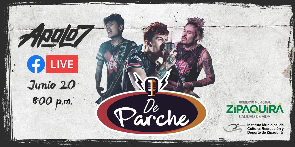apolo7rock's tweet photo. De Zipaquirá para el mundo y #DeParche hoy con el @IMCRDZ será un espacio para los artistas zipaquireños, conectados pues a las 8:00 p.m. por facebook Live (Apolo7oficial) 📺🤘

#ZipaquiráTierraDeArtistas
#ZipaquiráCalidadDeVida https://t.co/I5M3AditFY