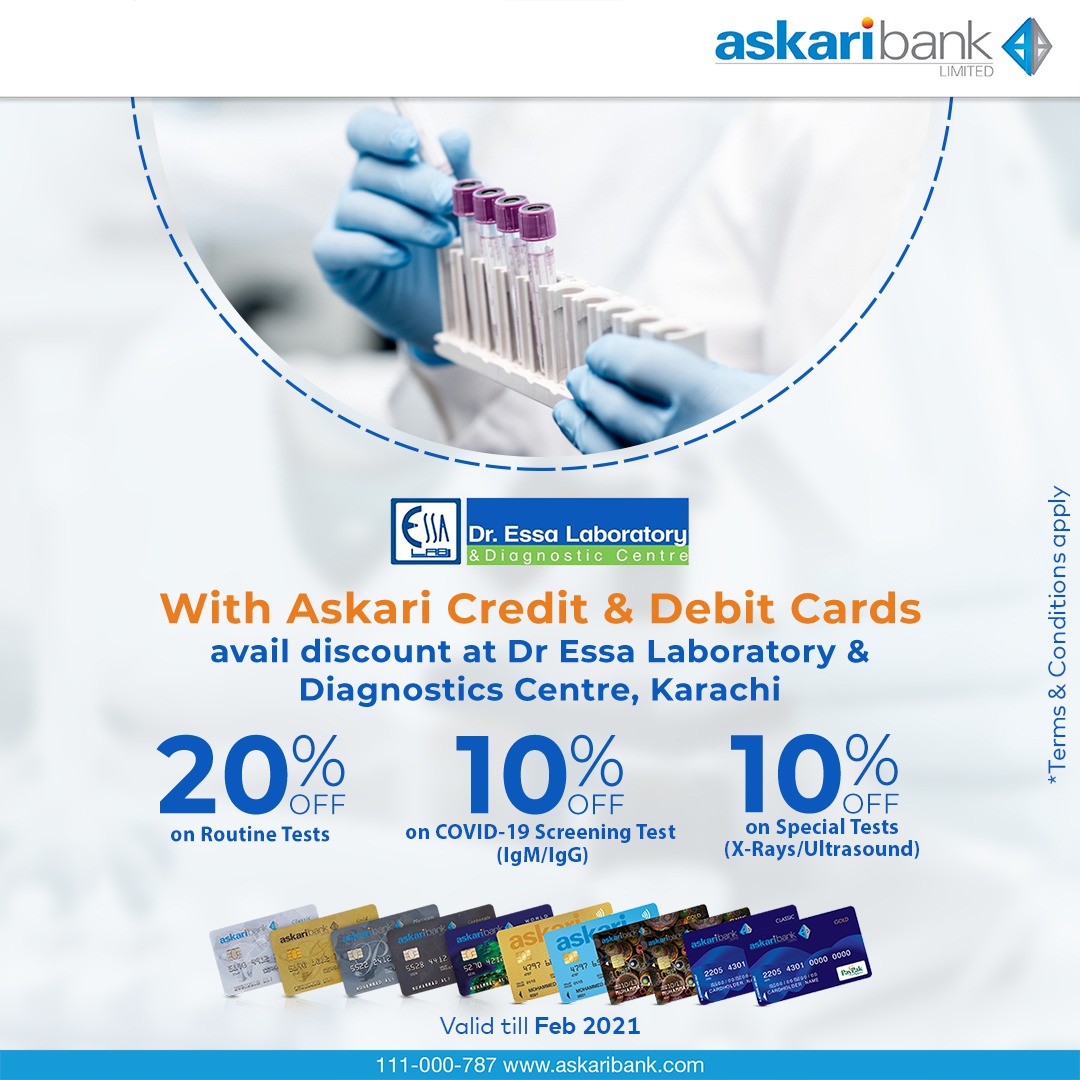Askari_Bank's tweet photo. Avail up to 20% discount at Dr Essa Laboratory &amp; Diagnostics Centre with your Askari Credit &amp; Debit Cards.

#AskariBank #Discount #EssaLaboratory https://t.co/sSPjbxHSVs