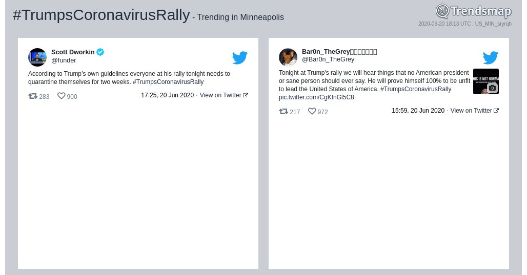 TrendsMPLS's tweet photo. #trumpscoronavirusrally is now trending in #Minneapolis

https://t.co/GW1OOmOcEW https://t.co/MYkgJUzFiZ