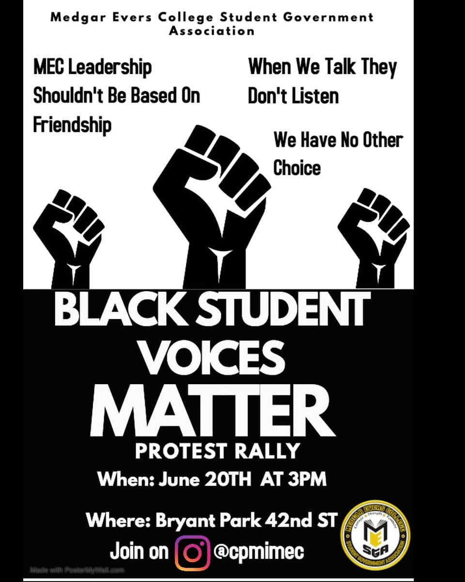 Sakia_Fletcher (@klovestanding) on Twitter photo Today!!
Student Voices Matter Protest
location: Bryant Park 42nd Street
Today, Saturday, June 20th
Time: 3pm
@MEC_SGA <a href="/NewsatMedgar/">Medgar Evers College</a> Today!!
Student Voices Matter Protest
location: Bryant Park 42nd Street
Today, Saturday, June 20th
Time: 3pm
@MEC_SGA <a href="/NewsatMedgar/">Medgar Evers College</a>