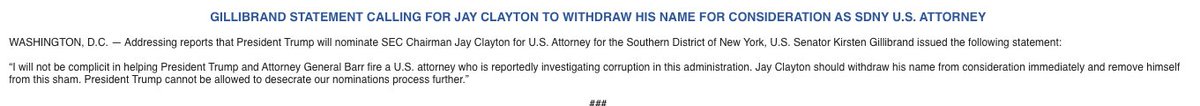 GILLIBRAND, like Schumer, comes out against Clayton's nomination as the new U.S. attorney for SDNY, meaning that if Graham sticky by his pledge to honor blue slips, Clayton will not be considered.