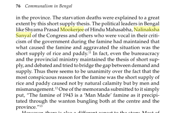 The close relationship between SP Mookerjee and Nalinaksha Sanyal - which came in use opposing Sarat Bose and Suharwardy's independent Bengal plan - was the result of working closely during the Bengal Famine of 1943. See section from Rakesh Batabyal's book. 8/n