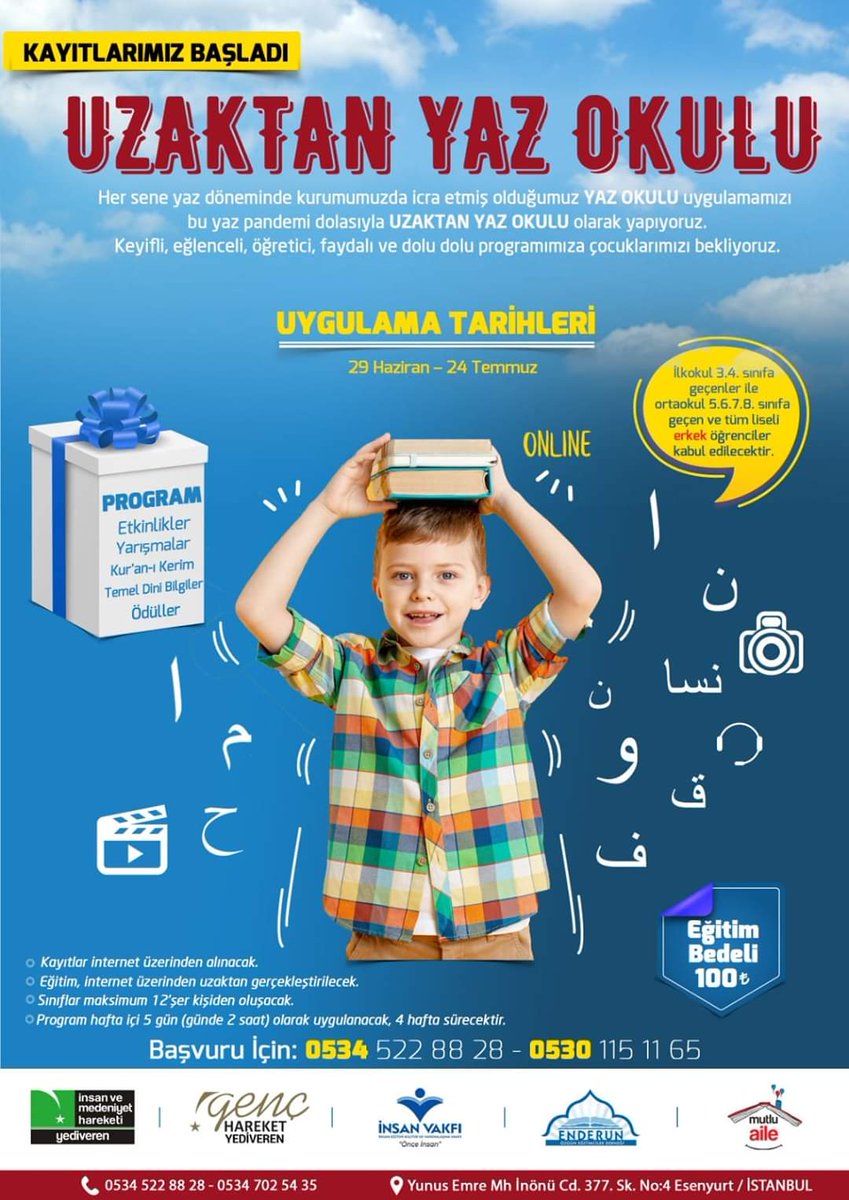 İnsan ve Medeniyet Hareketi'ne bağlı kurumlar "Online Yaz Okulu" düzenliyor!
İMH Yediveren "Uzaktan Yaz Okulu" kayıtları başladı.
Çocuklarımızın; evlerinde eğitici ve eğlenceli vakit geçirebilecekleri uzaktan yaz okuluna tüm velilerimiz sadece bir telefonla kayıt yaptırabilirler.