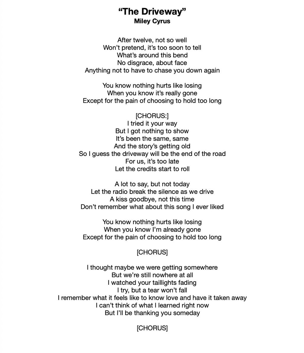 “The Driveway” was originally recorded by Katy Perry, but the verses were rewritten to be about Miley’s relationship with Nick. “These Four Walls” was not written by Miley, but she clearly related it to her relationship.