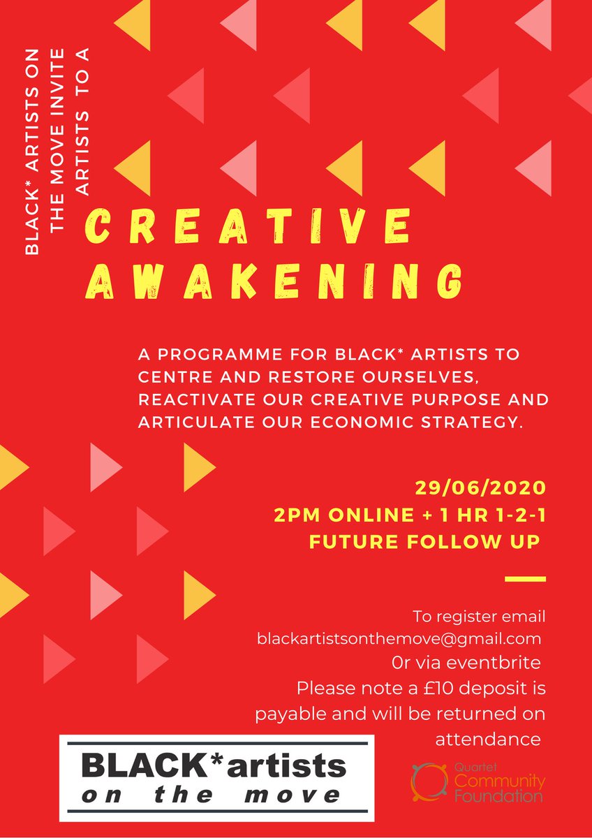 We are running a programme for BLACK* artists to centre and restore ourselves, reactivate our creative purpose and articulate our economic strategy. Now booking eventbrite.co.uk/e/creative-awa… <a href="/theatrebristol/">Theatre Bristol</a> <a href="/BlackSWNet/">Black SW Network</a> <a href="/KiotaPoc/">Kiota POC Creative Collective</a> @Babbasahub @CleoDanceBaton