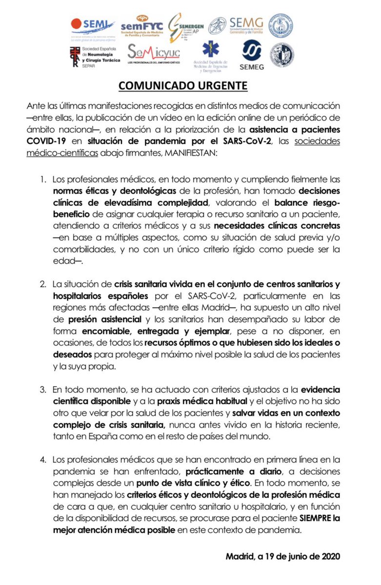 Desde la <a href="/aecirujanos/">aecirujanos</a> nos adherimos al comunicado en defensa de la actuación de nuestros compañeros sanitarios en la crisis del #COVID19