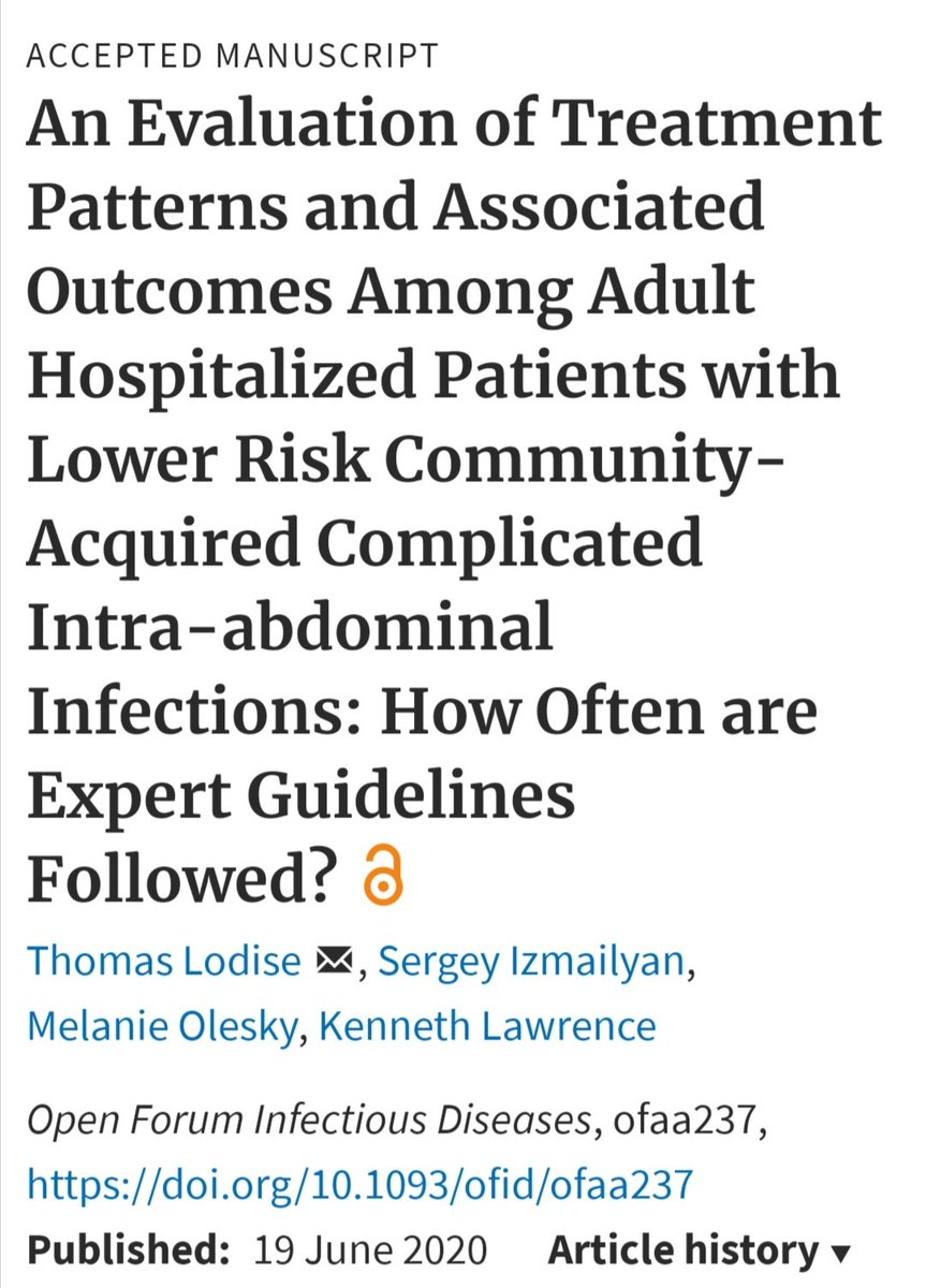 A NEW 🔥study #ofid <a href="/lodise_tom/">tom lodise</a>
Evaluation Adult Hospitalized Pts with Lower Risk CA cIAI
The most common diagnosis was acute appendicitis with peritonitis
Overuse of anti-pseudomonal β-lactams 😳
54% received TZP, 20% FQs Ceftriaxone 11% #IDTwitter 
academic.oup.com/ofid/advance-a…